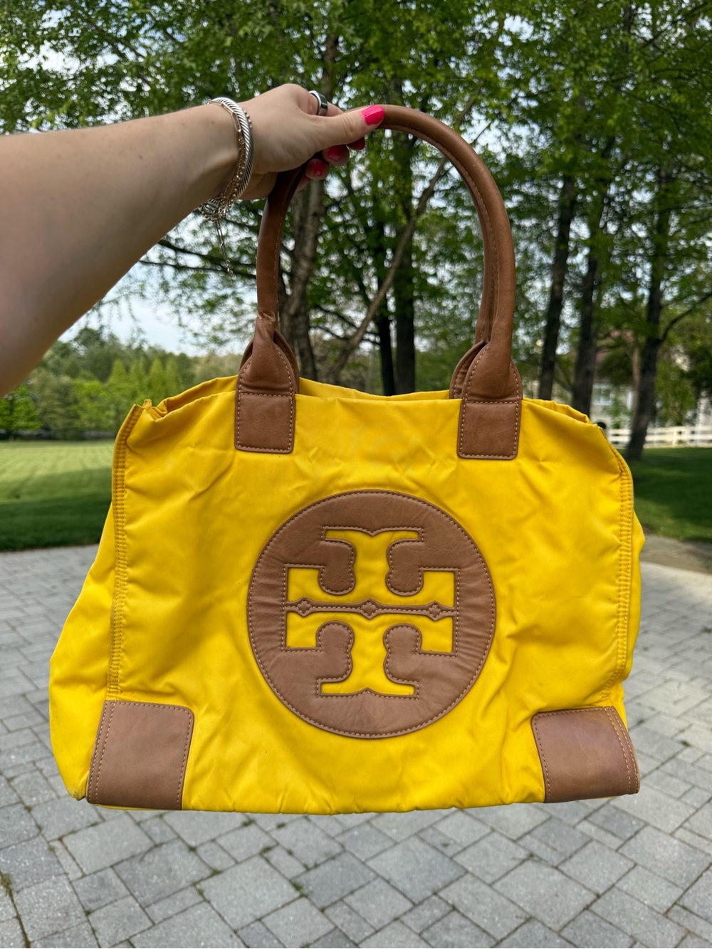 Tory Burch Ella Yellow Nylon Tote with Tan Leather Trim and Logo